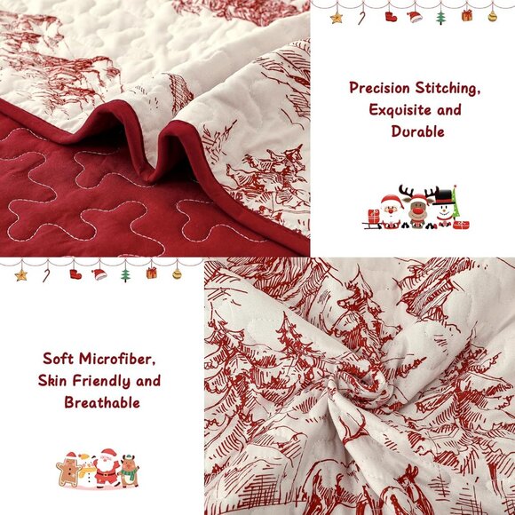 Christmas Quilt Set Queen Size, Red Hand-Painted Imagery Bedspread Coverlet Set - Picture 6 of 7
